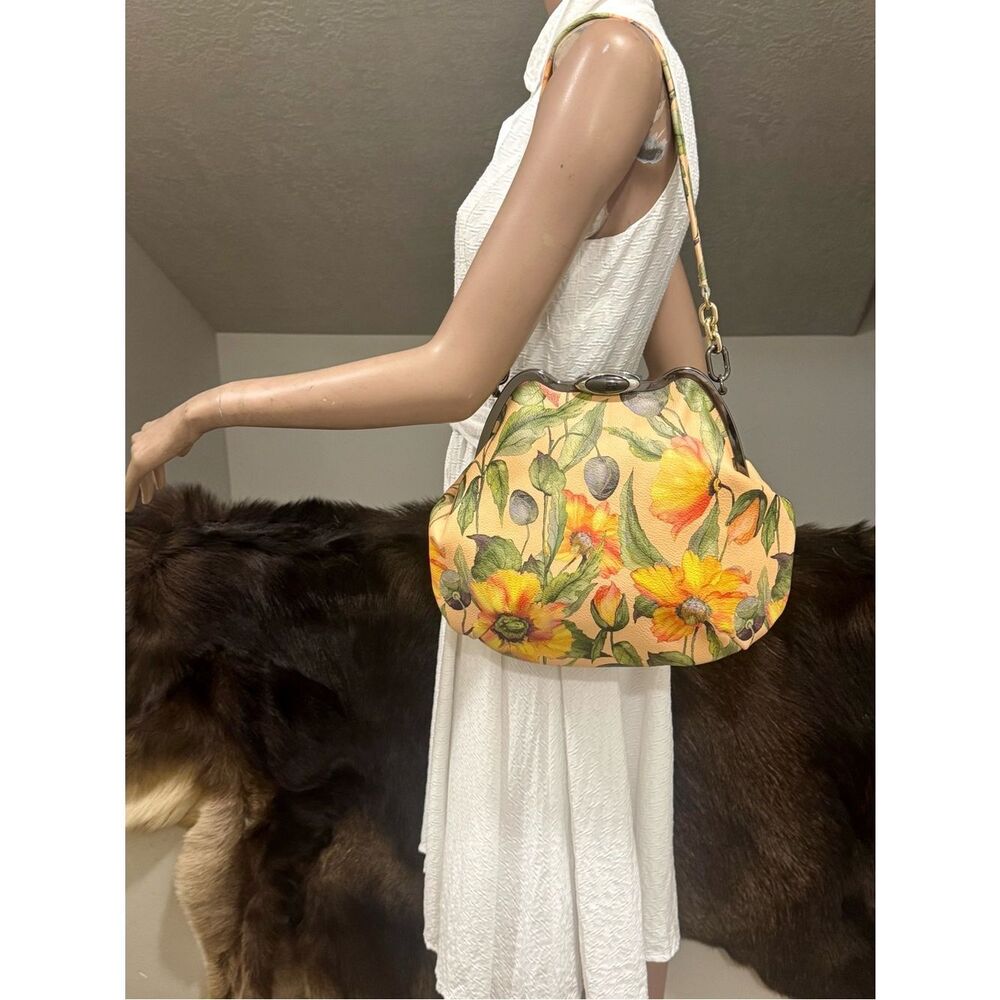 Floral Print Pebble Cowhide Handmade Custom Metal Frame Slouchy Bag & 2 Straps